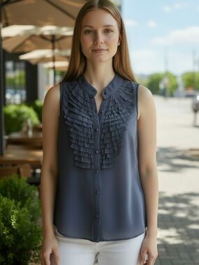 Pink Tartan Silk Sleeveless Ruffle Front Top in Navy Blue Size 4